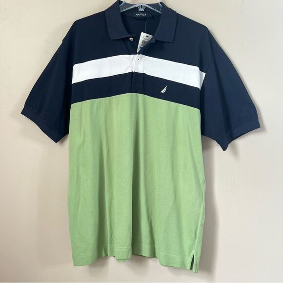 Nautica 100% Cotton Preppy Navy and Green Polo Short Sleeve Shirt Size XL - Picture 1 of 12